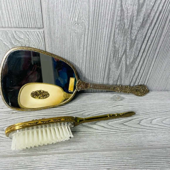 Rare 1950s Matson Vanity Hand Mirror Hair Brush Set rose flower 24k Gold Plated - Picture 9 of 16